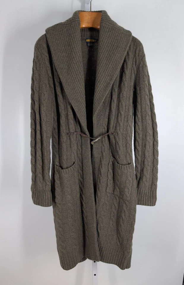 Ralph Lauren Rugby Cardigan Sweater Long Cable Knit Wool Shawl Toggle Green M - Image 2 of 4