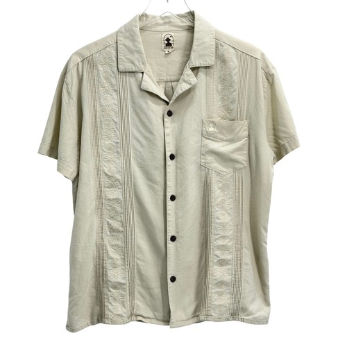 Dandy Del Mar Brisa Shirt Men M Beige Linen Cotton Embroidered Floral Camp