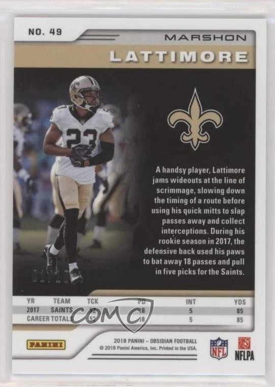 2018 Panini Obsidian Electric Etch Yellow /10 Marshon Lattimore #49 - Image 2 of 2