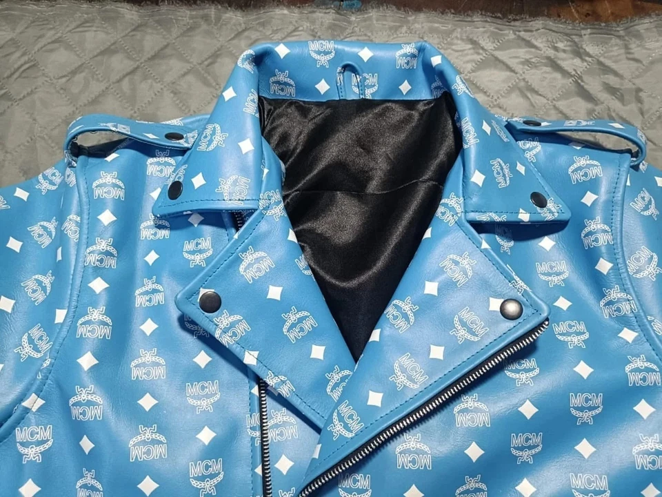 Rare MCM Blue Monogram Leather Jacket – Designer Biker Style with Zippers - Image 3 of 4