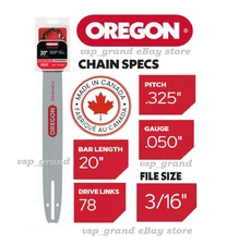 20 in OREGON CHAINSAW BAR and H78 CHAIN 78 Link  .325” Pitch .050 Ga. 200PXBK041