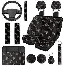 14 Pcs Black Bow Car Seat Covers Full Set With Steering Wheel Cover Armrest ... 14 Pcs Black Bow Car Seat Covers Full Set With Steering Wheel Cover Armrest ...