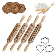 4Pack Christmas Wooden 3D Rolling Pins Embossed, Embossing Rolling Pin