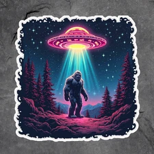 Bigfoot UFO sticker vinyl decal alien abduction cryptid retro design