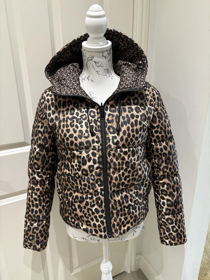 BNWT Designer Michael Kors Logo Leopard Print REVERSIBLE coat with hood Size XS - Image 4 of 4