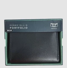 Perry Ellis Portfolio Men's Black Genuine Leather Park Avenue Trifold Wallet