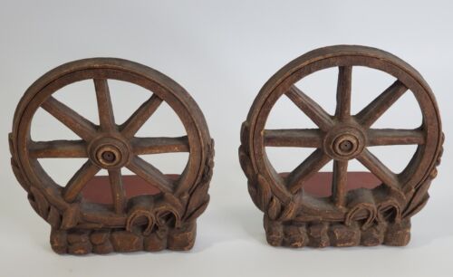 Syroco Wood Bookends, Wagon Wheels, Brown Book Holder - Afbeelding 1 van 11