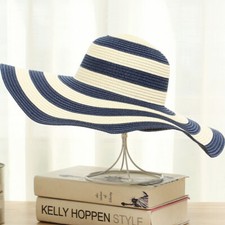 Women UV Protection Straw Hat Striped Wide Large Brim Summer Beach Sun Cap