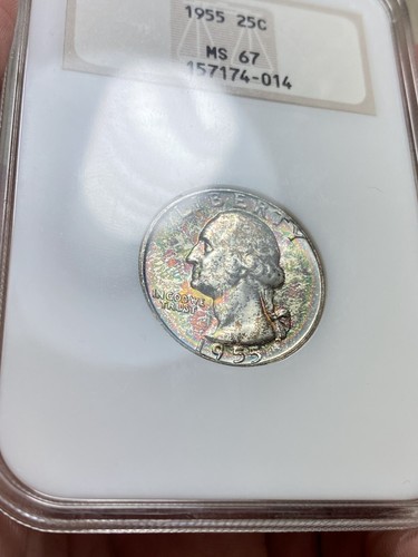 1955-P 25C Washington Silver Quarter GEM NGC MS67 Rainbow Toning NGC Fatty Slab - Picture 4 of 8