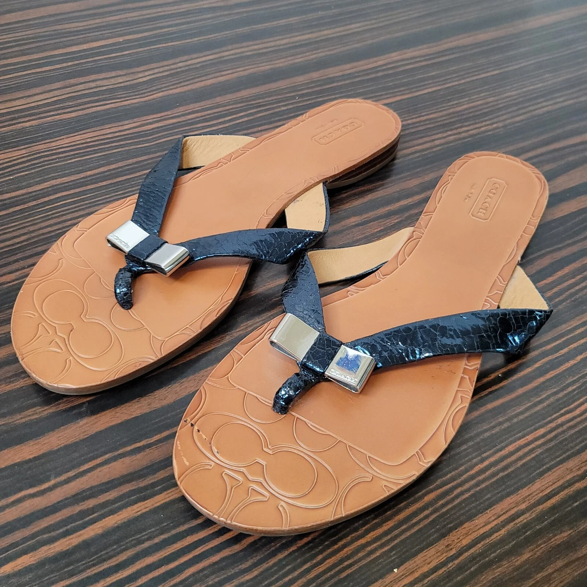 Coach Flip Flops Womens 8 B Sable A4247 Cracked Metallic Blue Signature Sandal