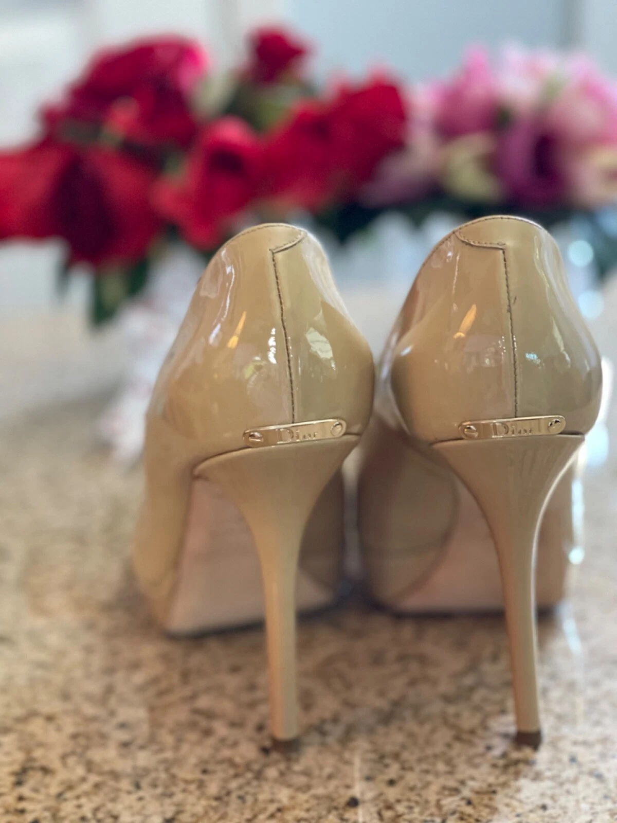Tacchi plateau Christian Dior beige in pelle verniciata punta aperta 39 + (bonus)!!