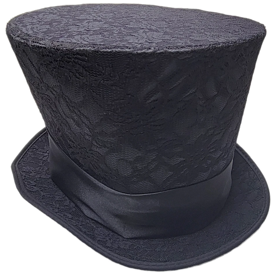 Top chapéu oversized cetim renda sobreposição banda larga fantasia gótica floral preto H4517 - Imagem 2 de 4