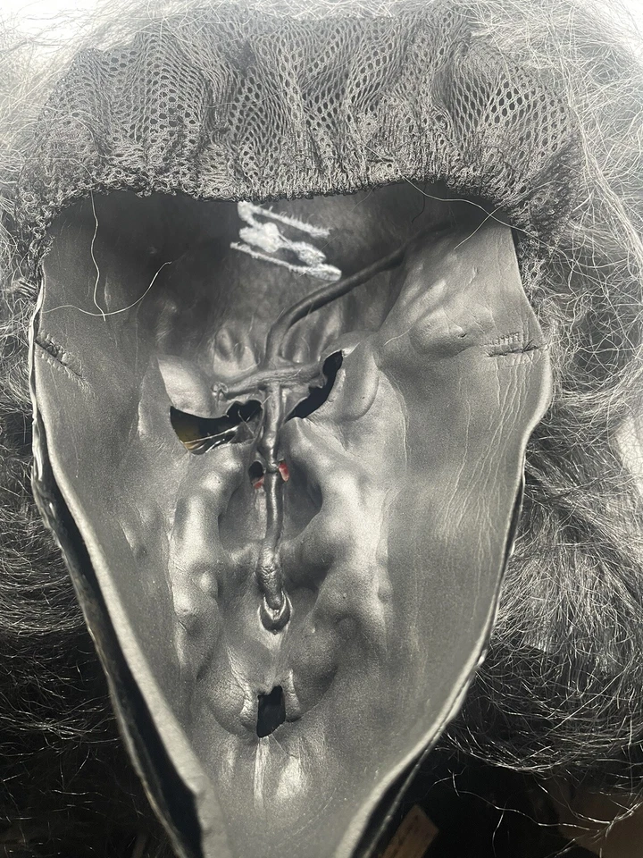 Halloween Skull Mask Attached Wild Hair & Open Mouth W/ Red Tongue Costume. B2 - Image 3 of 4