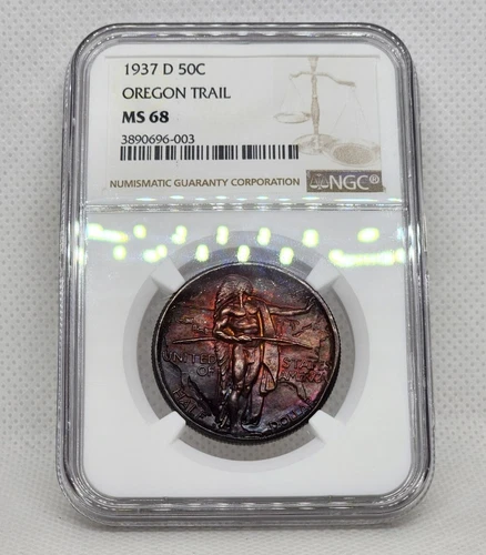 1937 D Oregon Trail Silver Half Dollar NGC MS68 Incredibe Terminal Rainbow Toned