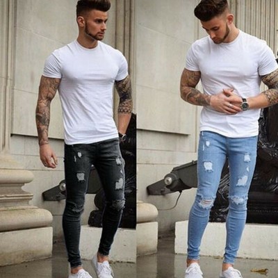 Men Skinny Ripped Jeans Super Stretch 