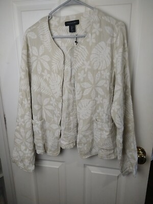 Tahari woman L BlazerLinen Blend White Brown Open Long Sleeve Leaf Print Pocket
