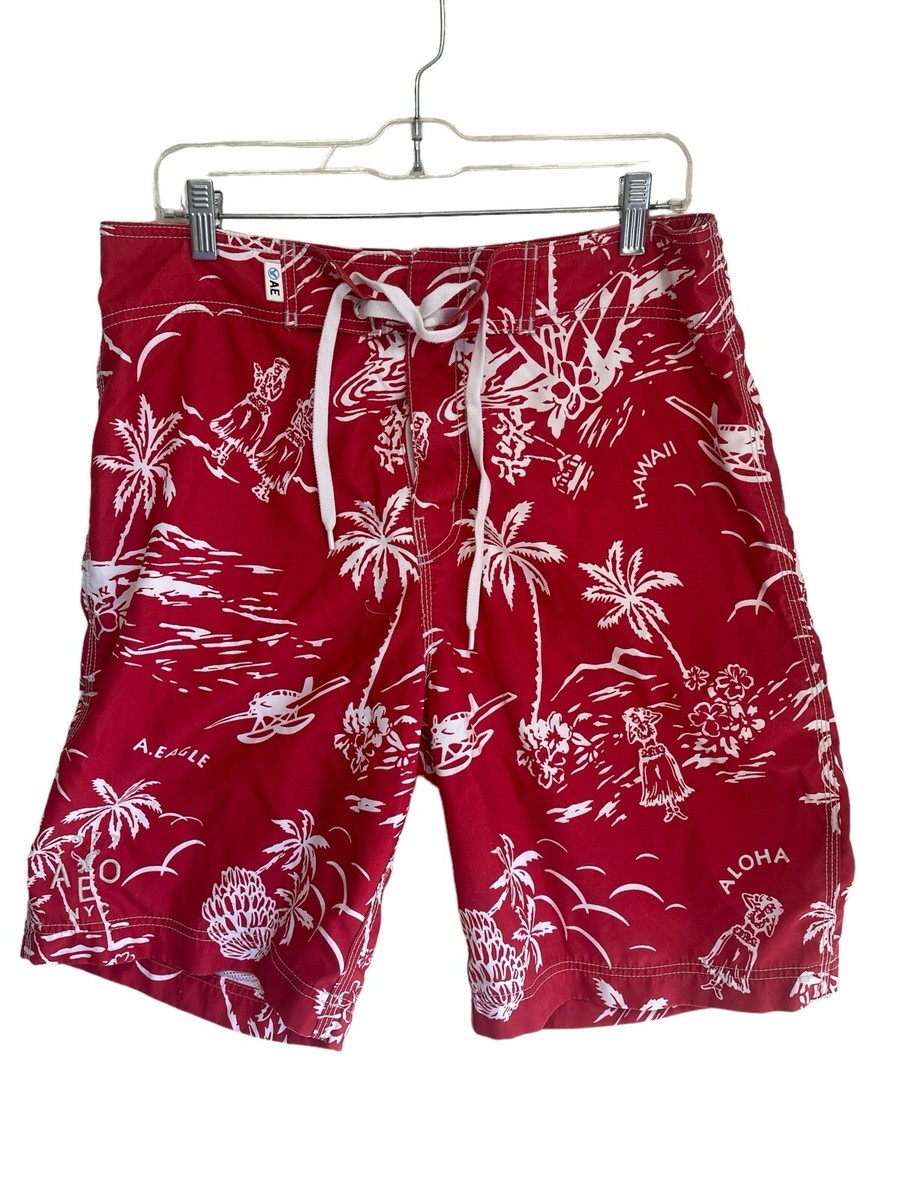 American Eagle Shorts Mens Size 32 Red Hawaiian Beach Surf Board
