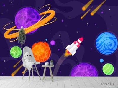 3D Planet Rocket Space Illustration Self-adhesive Removable Wallpaper Murals