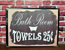 Bath Room Towels Country Primitive Rustic Wooden Sign Block Shelf Sitter 3.5X4.5
