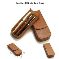 Leather 3 Slots Hard Fountain Pen Case Stationery Storage Box Organizer Brown