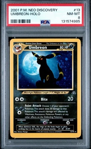 2001 PSA 8 Neo Discovery #13 Umbreon Cosmo Holo Tail Swirl 🌀 CLEAN Pokemon Card