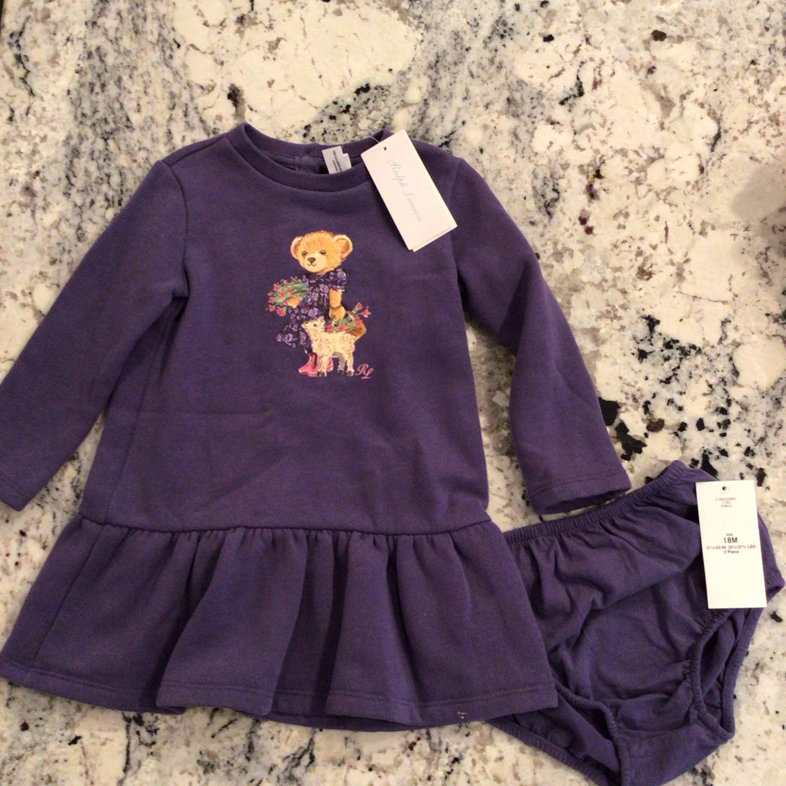 Ralph Lauren Long Sleeve Purple Dress Set Sz 18 Months - "POLO BEAR" NWT $69.50