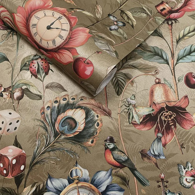 Gold Metallic Floral Tapete Schimmer Neugierige Kreaturen Vögel Schlüssel Würfel Lounge