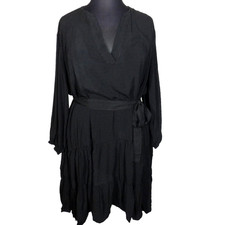 Pari Passu Black Swiss Dot V Neck Tiered Doby Dress Plus Size 24