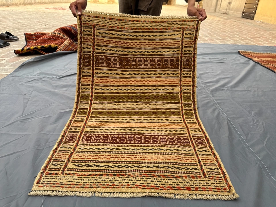 Kilim tribal afgano cálido 2x3 - rayas geométricas crema, granate y oliva - nómada Foto 3 de 4