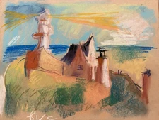 Modern Cubism Gloucester Houses Landscape Pastel Painting Original Signed 11x14