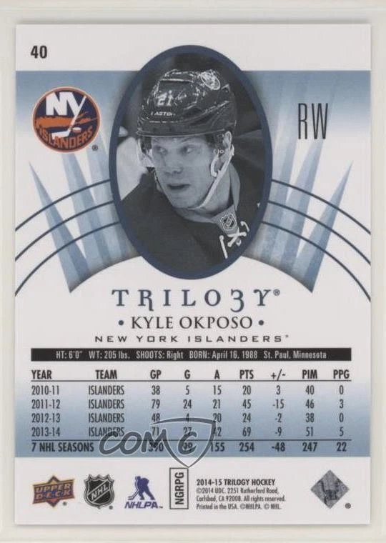 2014-15 Upper Deck Trilogy Radiant Blue /99 Kyle Okposo #40 - Image 2 of 2