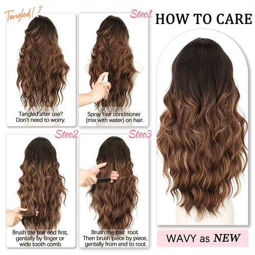 Long Brown Wavy Wig with Highlights Middle Part Curly Wigs Lace Hairline Wigs... - Picture 7 of 8