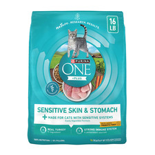 Purina ONE Plus, Sensitive Skin Stomach, Dry Cat Food, Turkey, 16 lb Bag