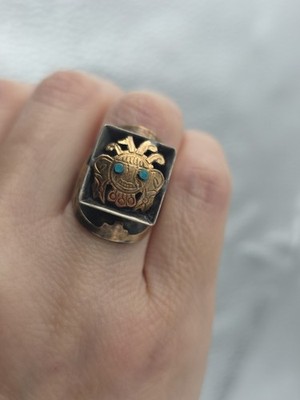  Vintage 1960 925 Sterl 18K Gold VIRACOCHA? Warrior Face Peru Inca Signet Ring 