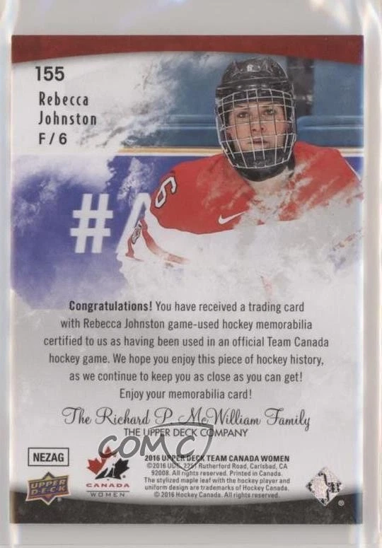 2016 Team Canada Juniors Women's Gold Spectrum /25 Rebecca Johnston #155 Patch - Image 2 of 2