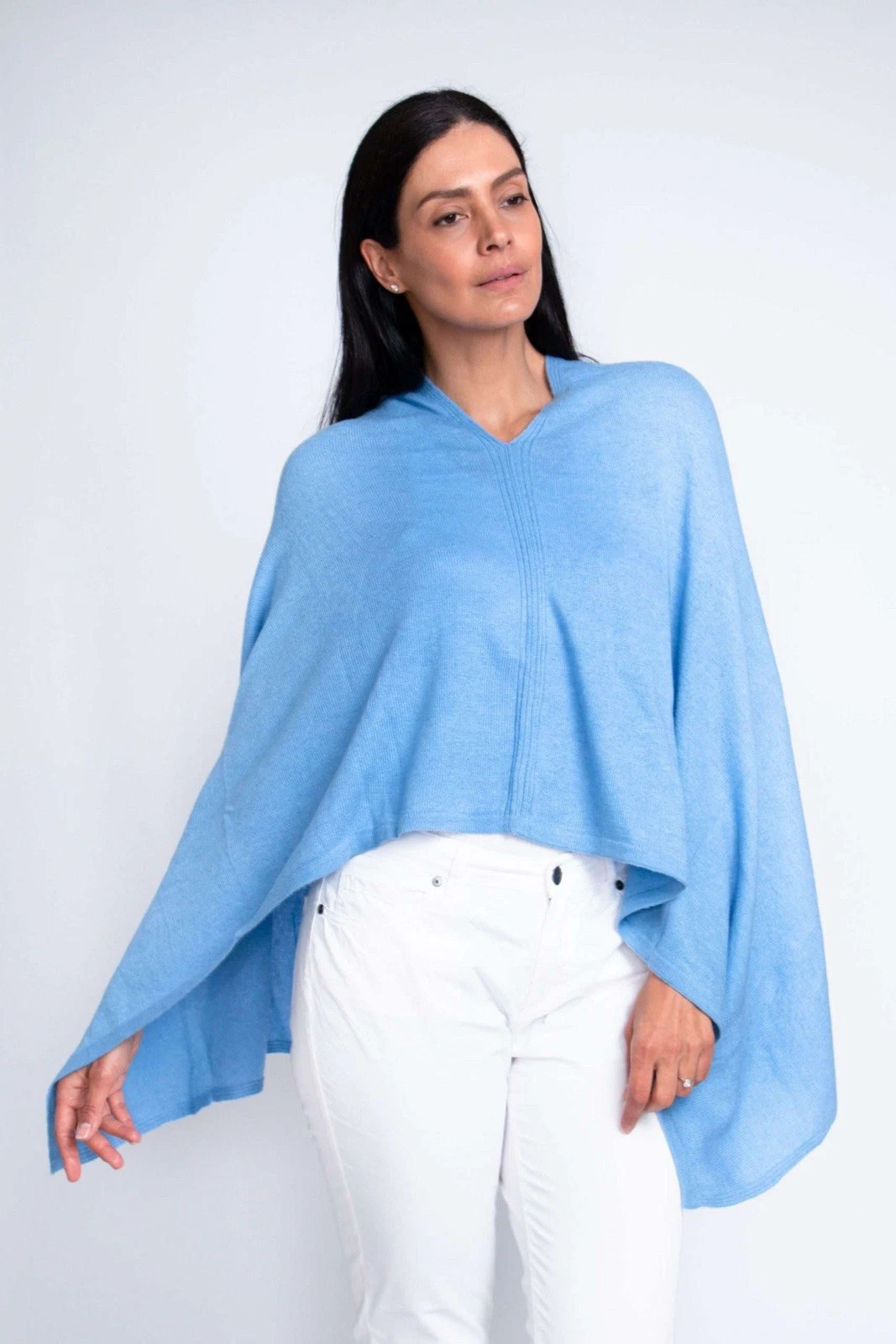 Blue Cashmere Poncho Pashmina Wool Cape Wrap Soft Warm Women Long Sleeve Blue