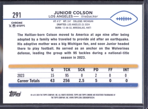 2024 Topps Chrome #291 Junior Colson - Picture 2 of 2