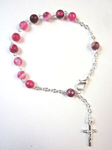 Rosary Bracelet with PINK AGATE Gemstone Beads and Crucifix Made in Italy New