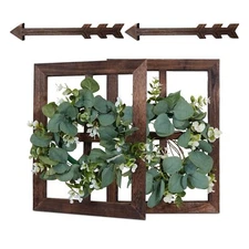 Rustic Wood Wall Decor with Green Wreath and Arrows Farmhouse Wooden Fake Win...