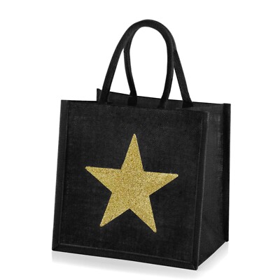 Mittelgroße Einkaufstaschen / Shopper aus Jute hessisch schwarz - glitzerndes Glitzer Sternmotiv