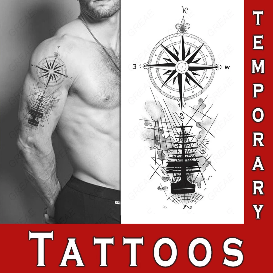 TATNTOO Ship Compass Classic Temporary Tattoos Fake Sticker Transfer Womens Mens Arm Leg
