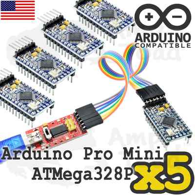 5 x Arduino Mini Mega328P with FT232 TTL Programmer with Cables - Mini Funduino
