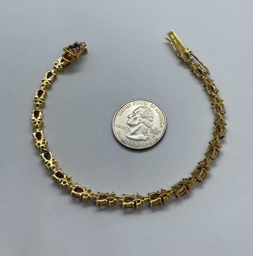"Brazalete vintage de piedras circonitas púrpuras y transparentes de plata de ley 925 lavada en oro de 8 1/2""" - Imagen 15 de 17