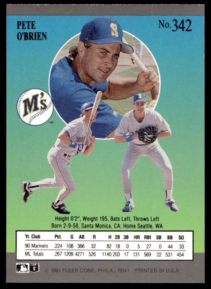 1991 Ultra Pete O'Brien Seattle Mariners #342 - Image 2 of 2