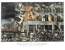 1952 Currier & Ives Litho Life of A Fireman. The Fire - Now then with a will