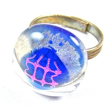 DICHROIC GLASS Cocktail RING Adjustable 3/4" 20mm Dot Cobalt Blue Pink Lace Web