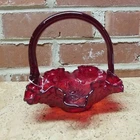 Vintage Fenton Ruby Red Floral Roses Glass Basket With Ruffled Rim - Stamped
