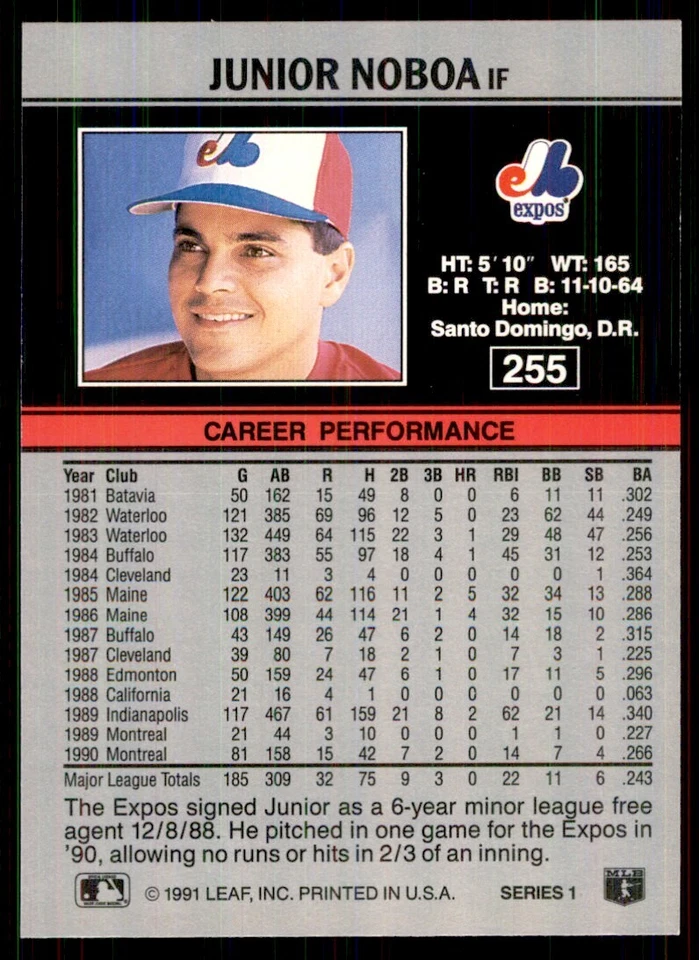 1991 Leaf Junior Noboa Baseball Cards #255 - Image 2 of 2
