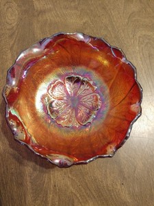 Vintage-carnival-glass-bowl-rose-pattern-iridescent-orange-color