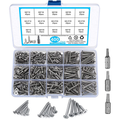 400 Pcs M3/M3.5/M4 Wood Screws, Torx Head Pan Head Self Tapping Screws, Stainles